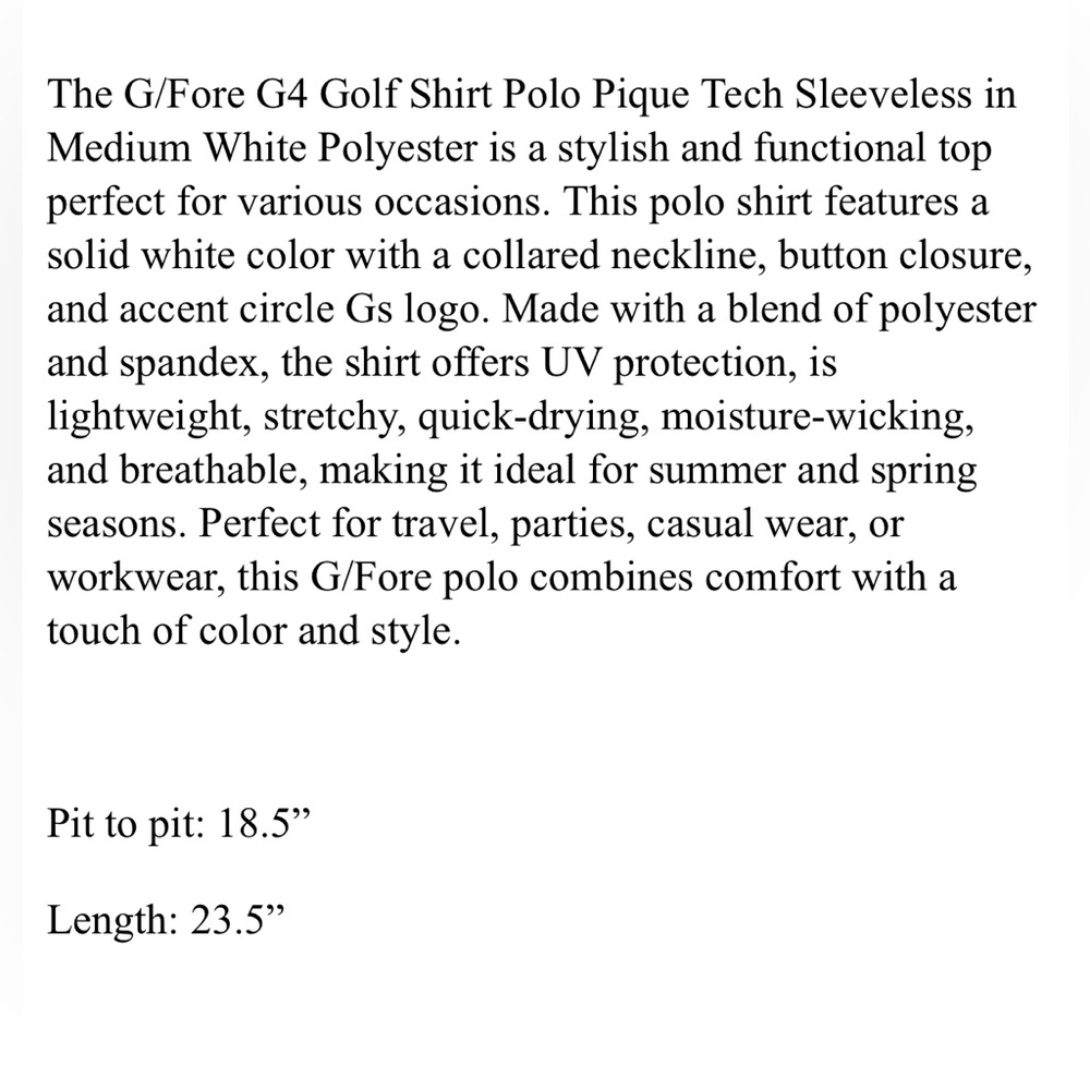 G/FORE Womens Golf Shirt Polo Pique Tech Sleeveless Medium White Polyester - Picture 5 of 5